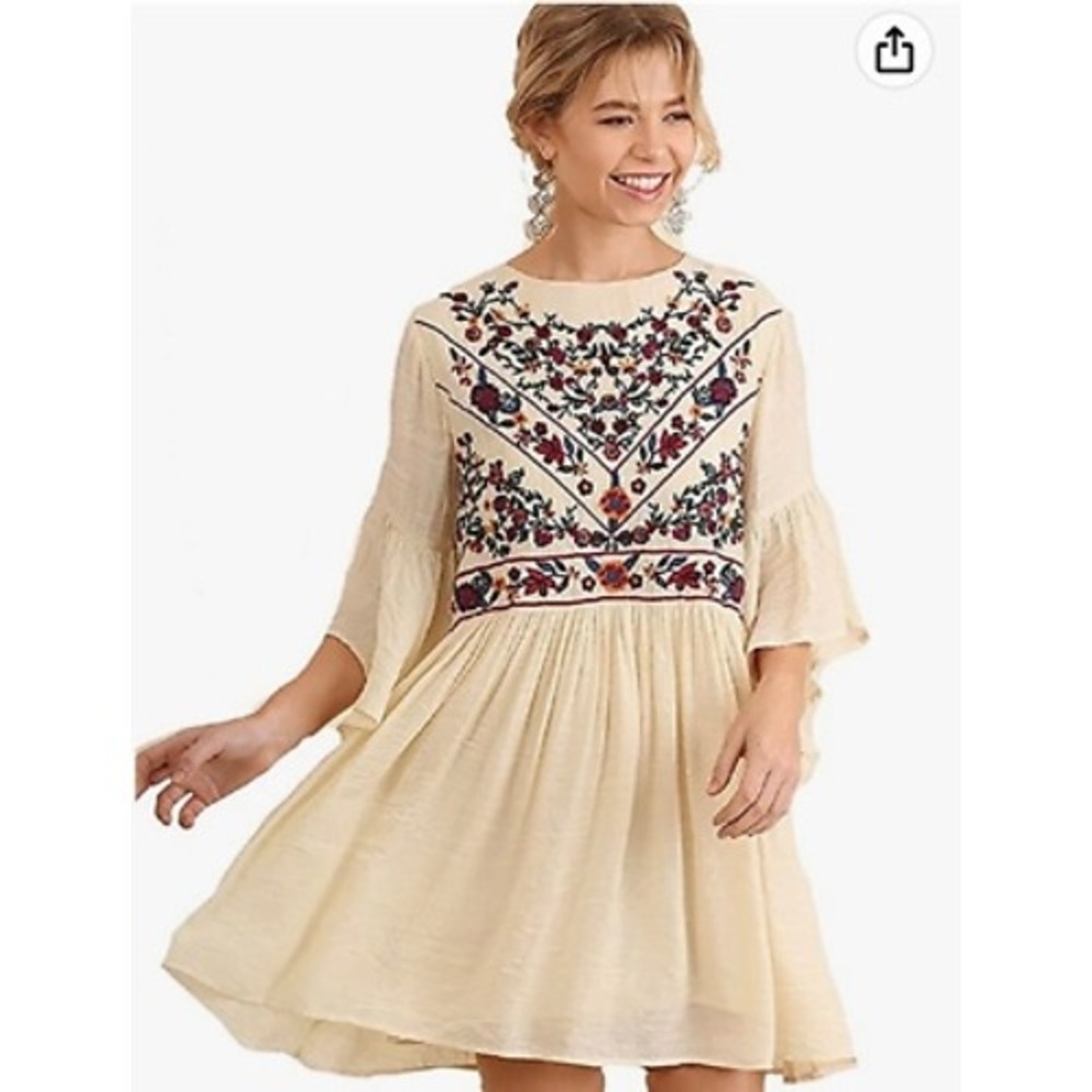Umgee Boho Floral Embroidered Bell Sleeve Mini Dress Cream‎ Ivory Babydoll Sz S